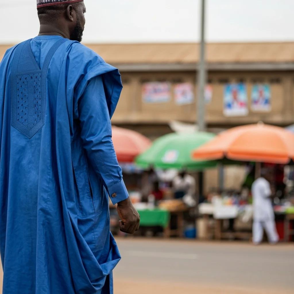 Person watches market. Back to camera.