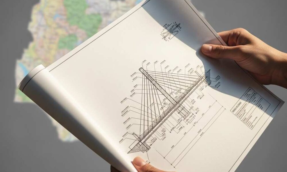 Blueprint of a bridge held over a map of Cross River State