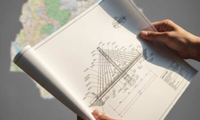 Hands hold bridge blueprint with map of Cross River in the background.