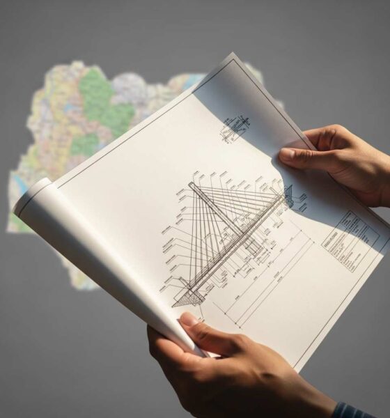 Hands hold bridge blueprint with map of Cross River in the background.