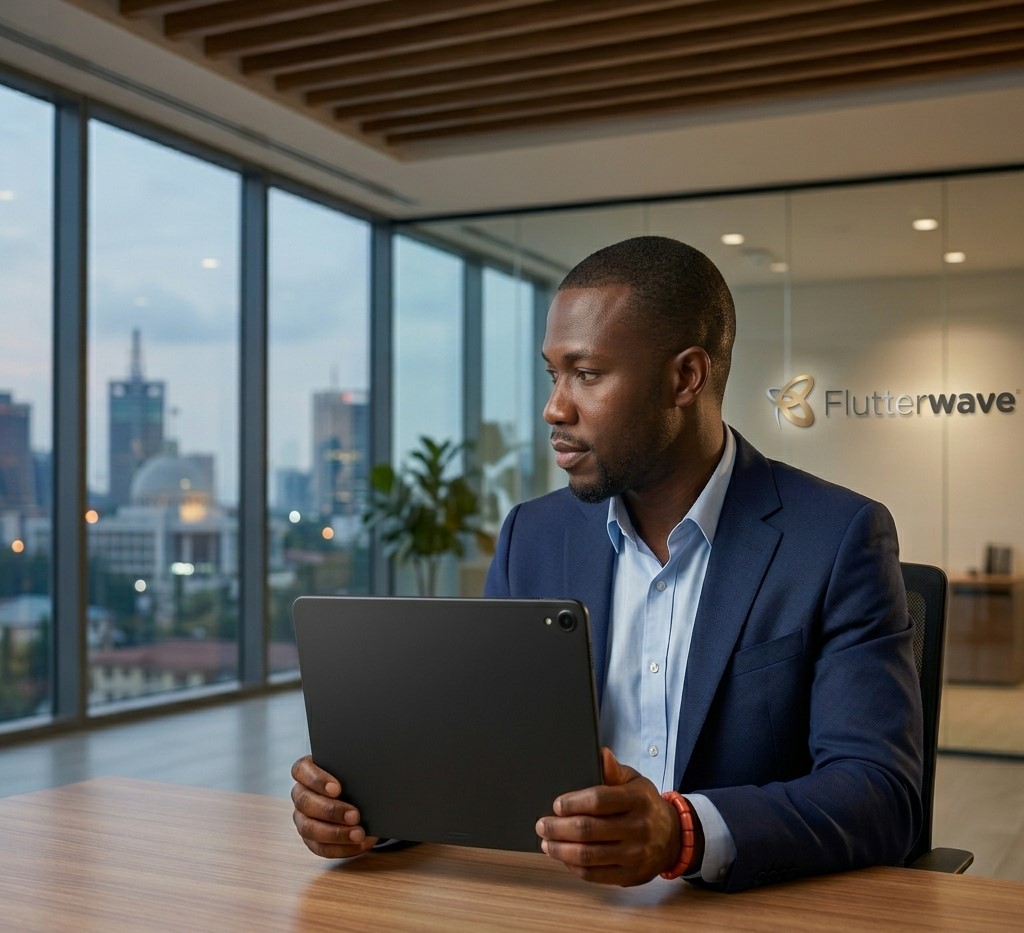 a professional Nigerian man (representing Olugbenga Agboola) seated in a sleek, modern office in Lagos. He is wearing a tailored navy blazer and focusing on a closed, minimalist laptop on his desk. The background is a clean, simplified view of the Lagos skyline under an evening sky. – Digitally synthesized: GoBeyondLocal.