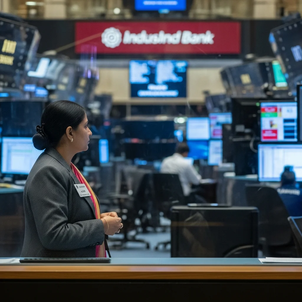 Woman in sari, blazer observes trading floor.