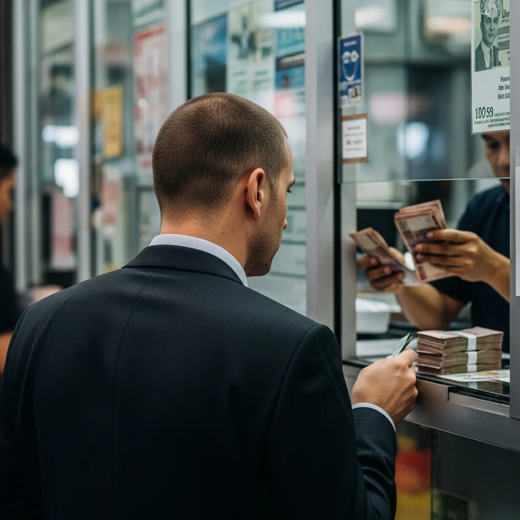 Man in suit at Jakarta money exchange.
