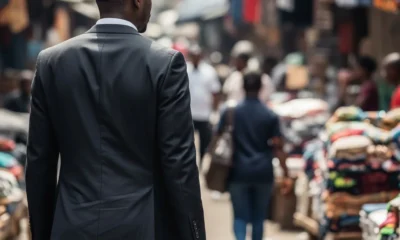 Businessman walks in Lagos market.