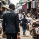 Businessman walks in Lagos market.