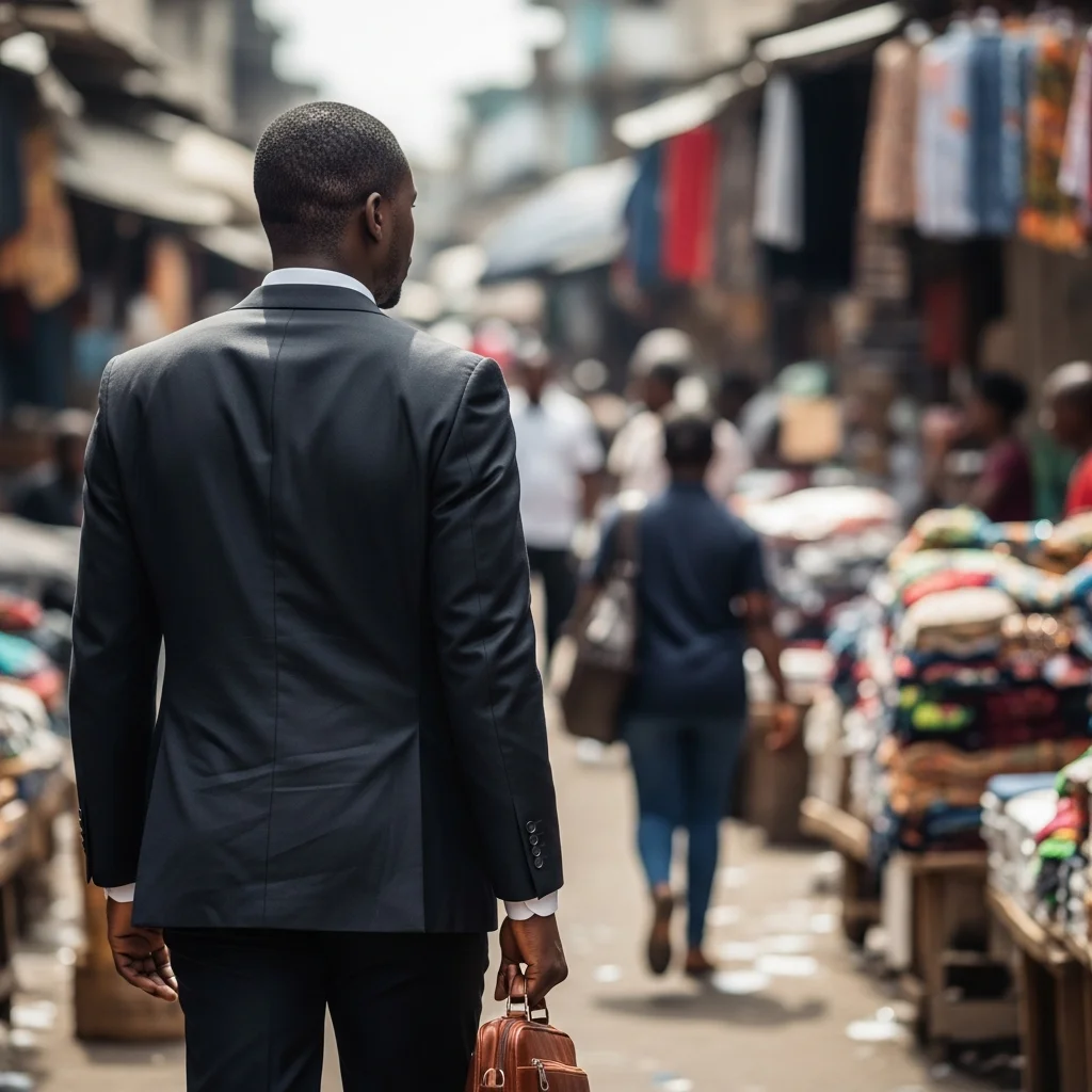 Businessman walks in Lagos market.