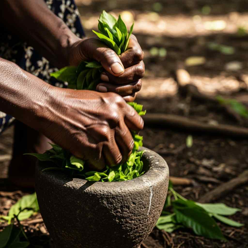 Weathered hands crush green leaves in a stone mortar with forest background
