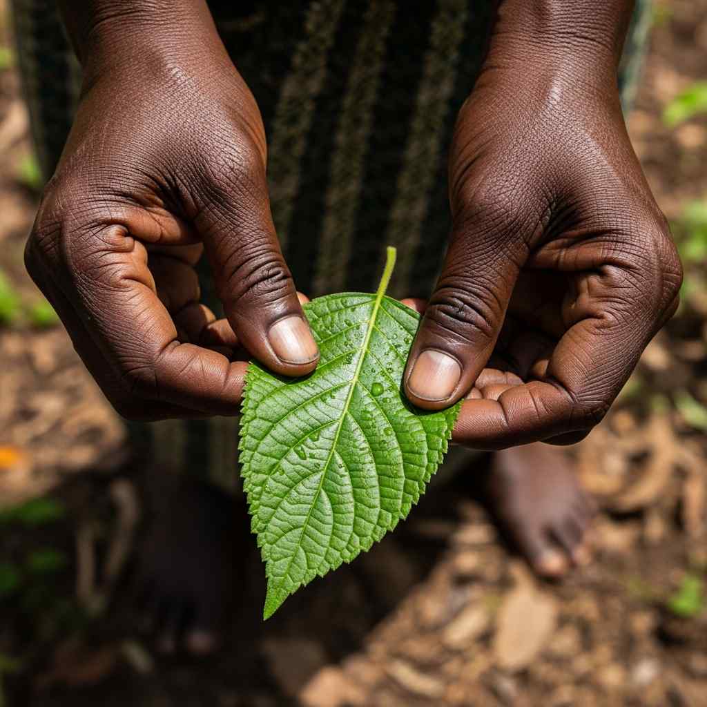 Extreme close-up of a vibrant green medicinal leaf held by calloused hands in a forest