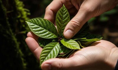 Close-up hands holding vibrant green medicinal leaves sun-dappled forest