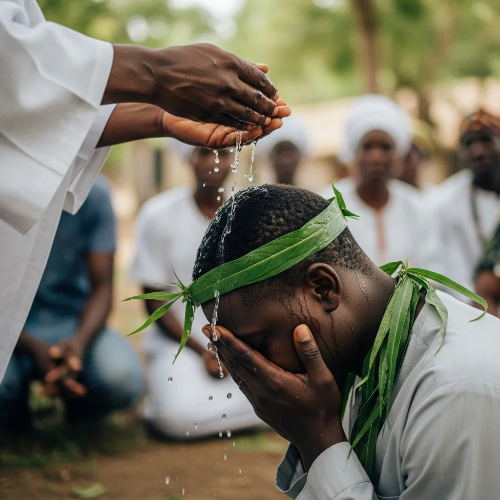 Healer pours water on person's eyes in grove.