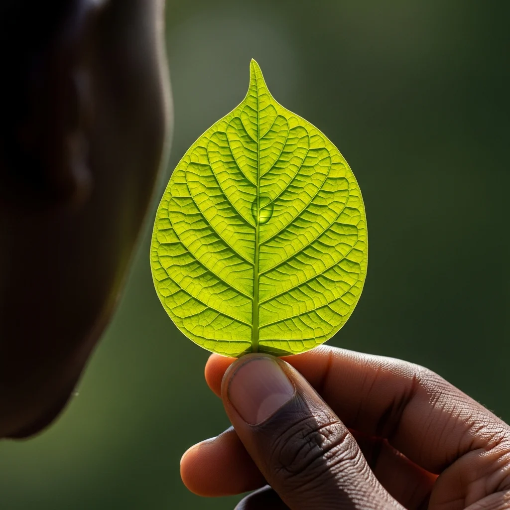 Close-up of vibrant green 'Ewe Aron' leaf held by two fingers.
