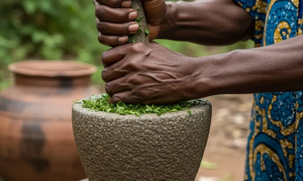 Hands crush leaves in stone mortar.