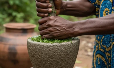 Hands crush leaves in stone mortar.