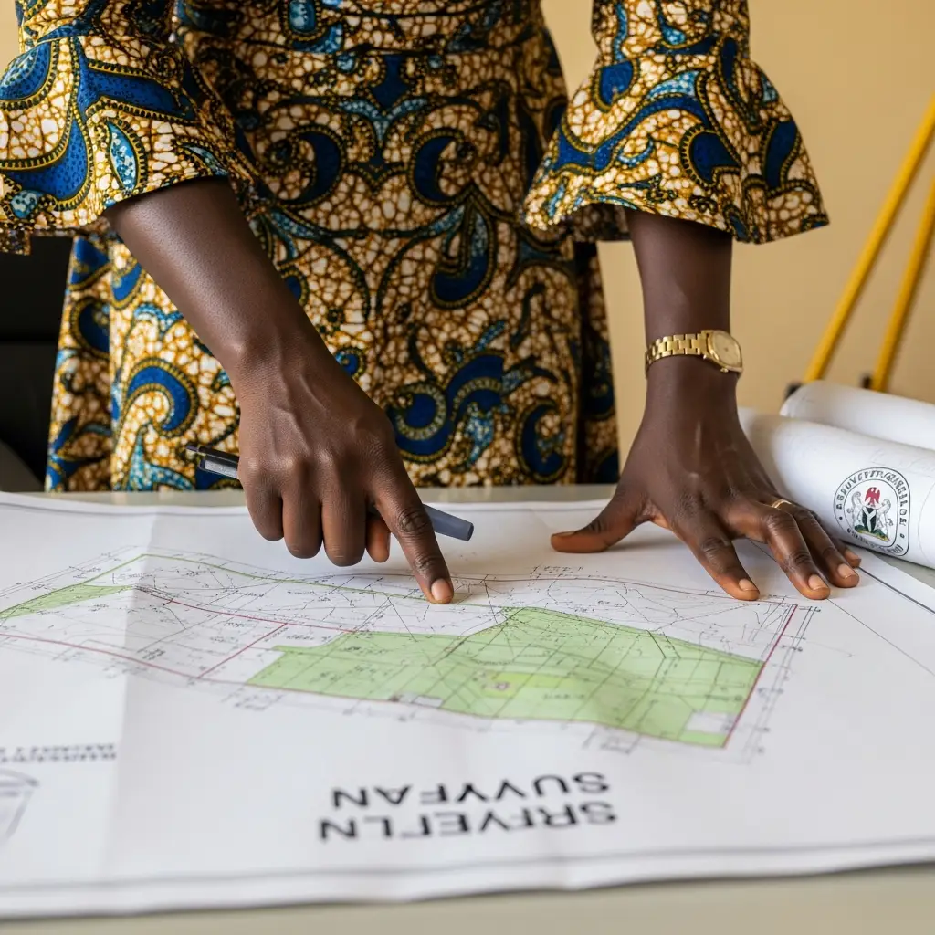 Woman points to survey plan in Kano surveyor's office.