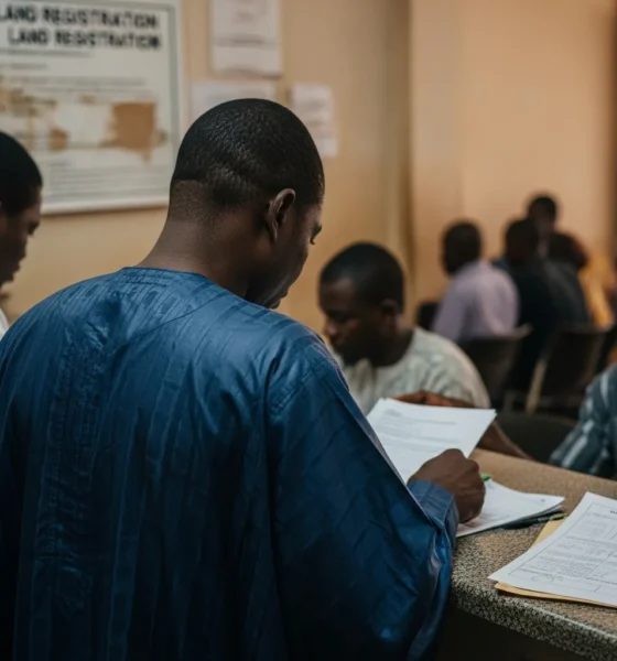 Man reviews land papers in Lagos Lands Bureau office.