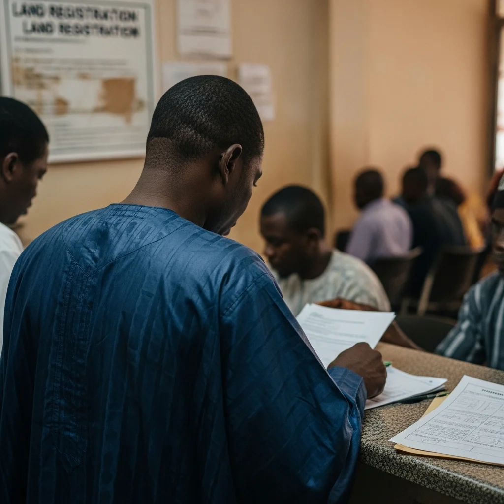 Man reviews land papers in Lagos Lands Bureau office.