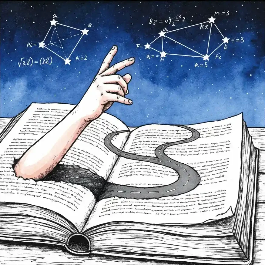 Hand from book reaches star equations on road.