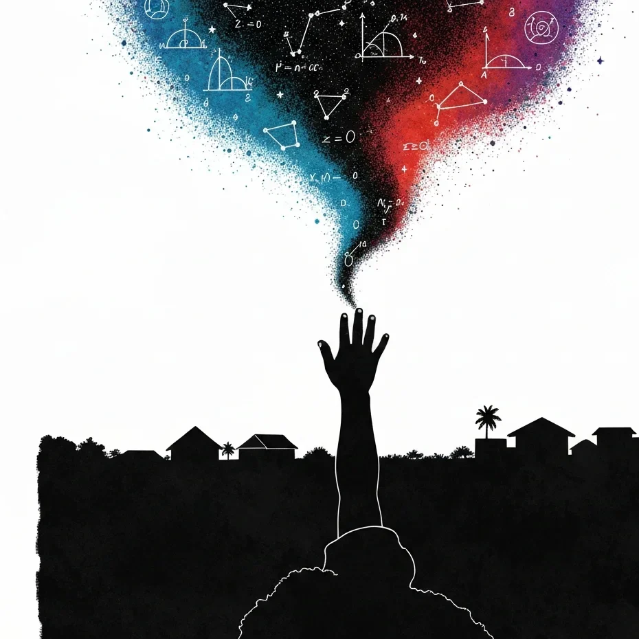 Child reaching for starry sky; equations flow down.