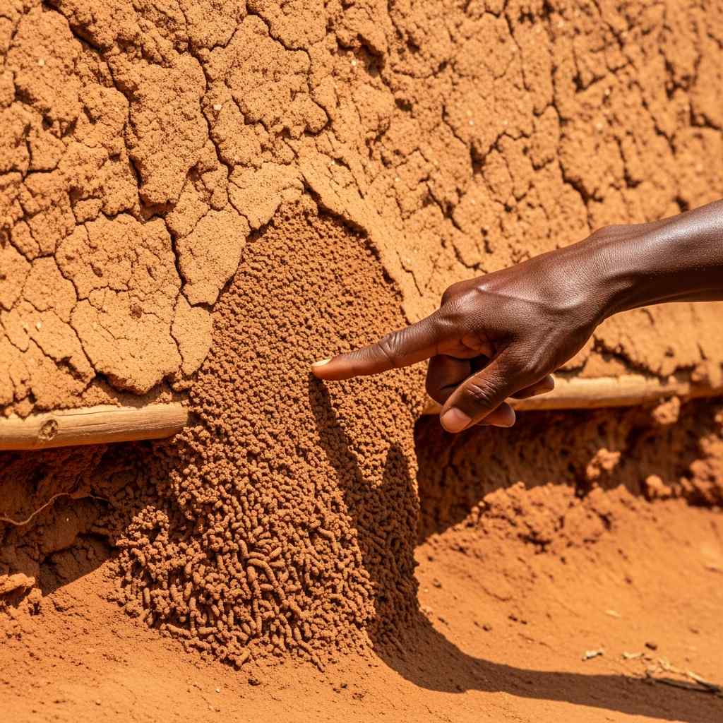 A hand gestures toward the rough texture of a termite mound built into a house wall