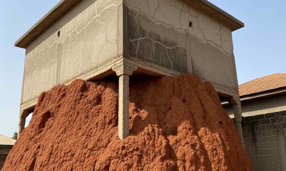 A large red termite mound integrated into the base old concrete house