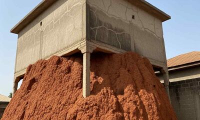 A large red termite mound integrated into the base old concrete house