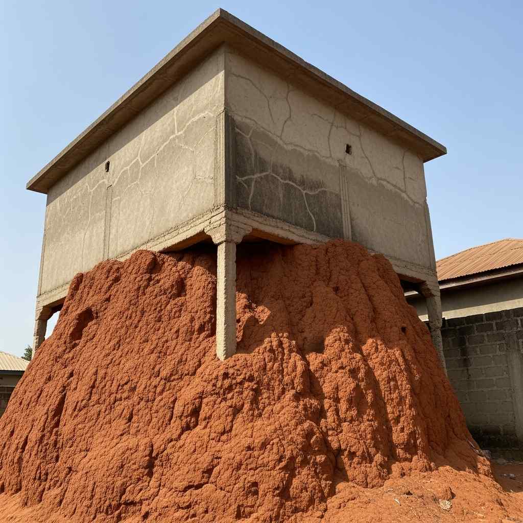 A large red termite mound integrated into the base old concrete house