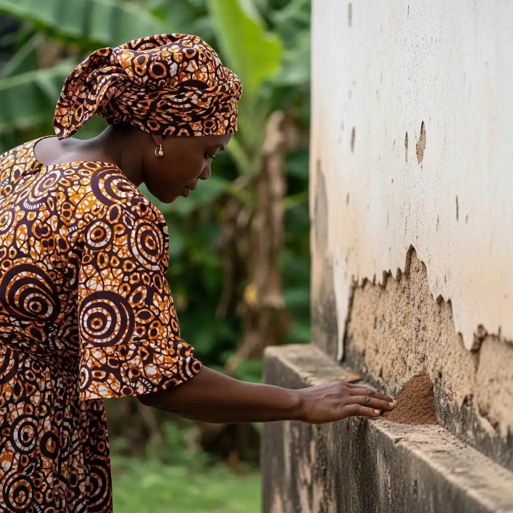 Woman in Ankara dress touches old house in Ibadan, Nigeria.