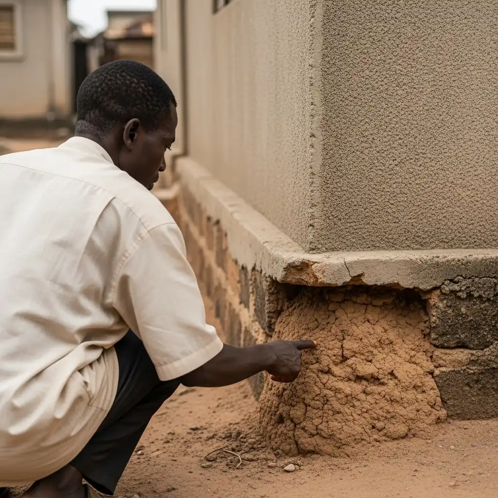 Man points to termite mound at base of Ibadan house.