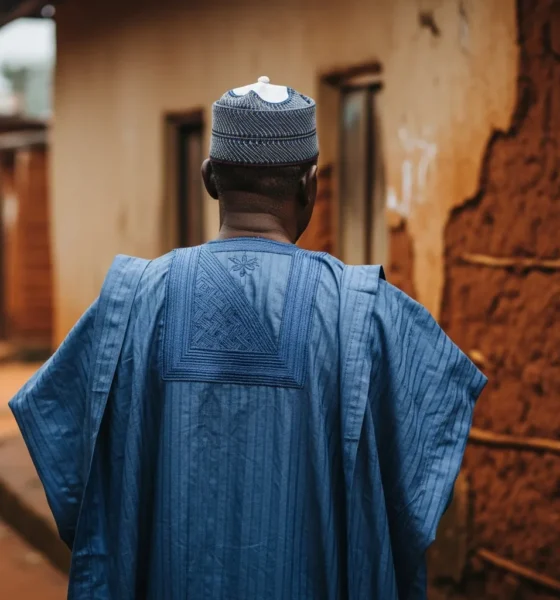 Man in agbada stands before old mud house