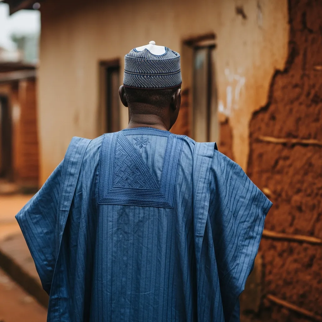 Man in agbada stands before old mud house