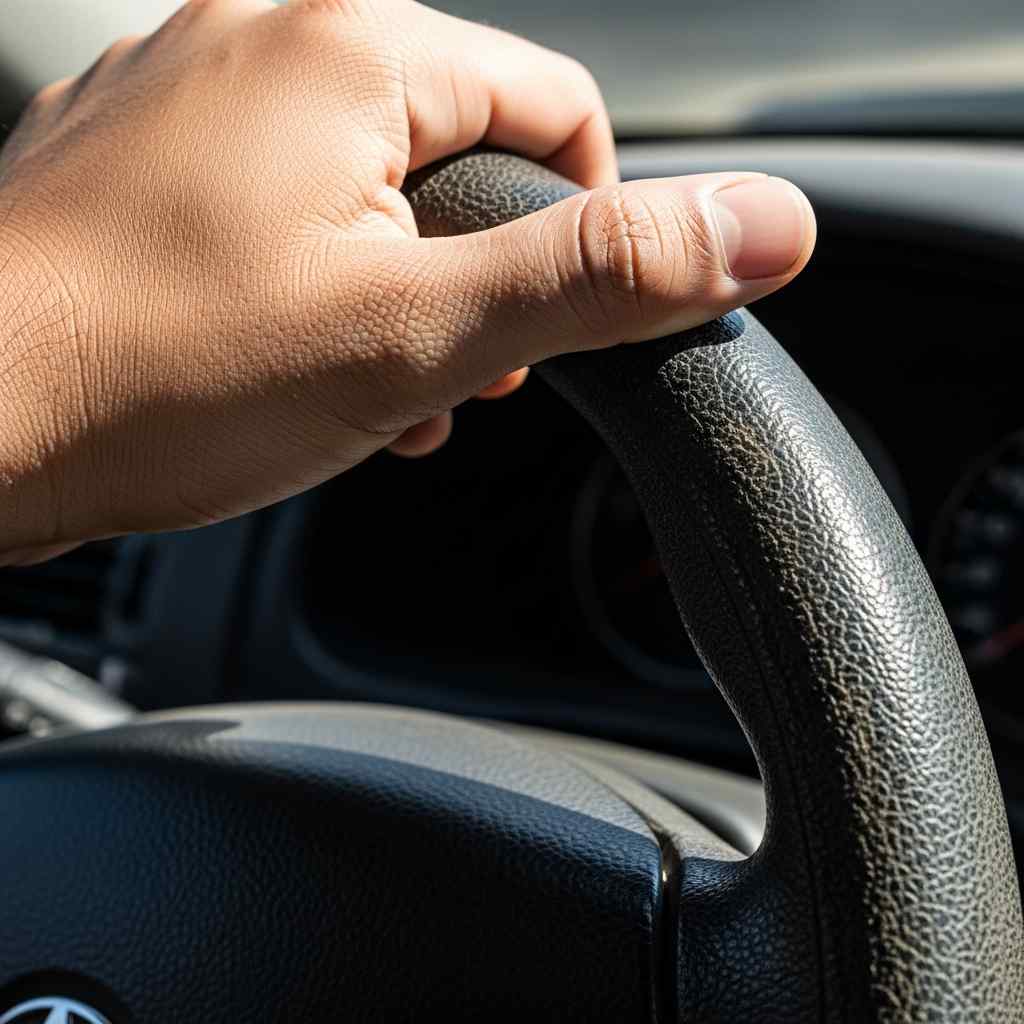 An extreme close-up hand on a textured steering wheel sunlight