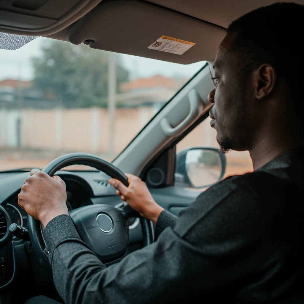 Man driving car for driver's license renewal guide in Nigeria.