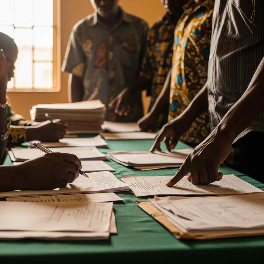 Professional land registry office in Nigeria with stacked weathered file folders and modern computer terminals for digital land searches