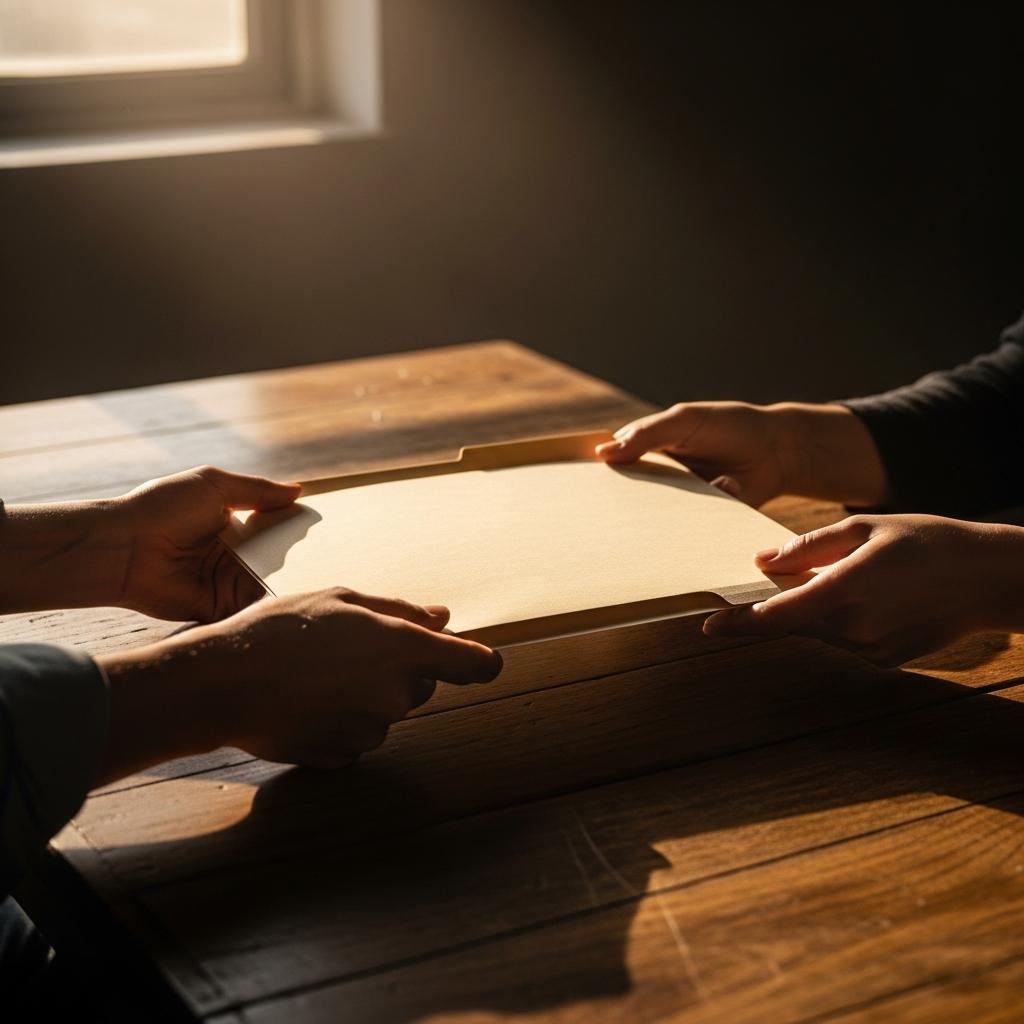 Close-up sliding a manila folder across a wooden table sunlit room