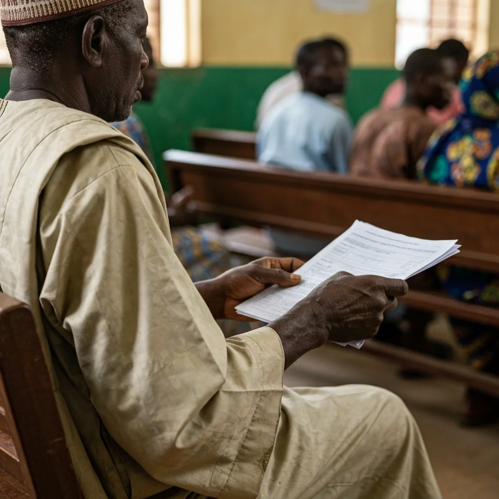 A man holds a birth certificate application form in a Nigerian government office.