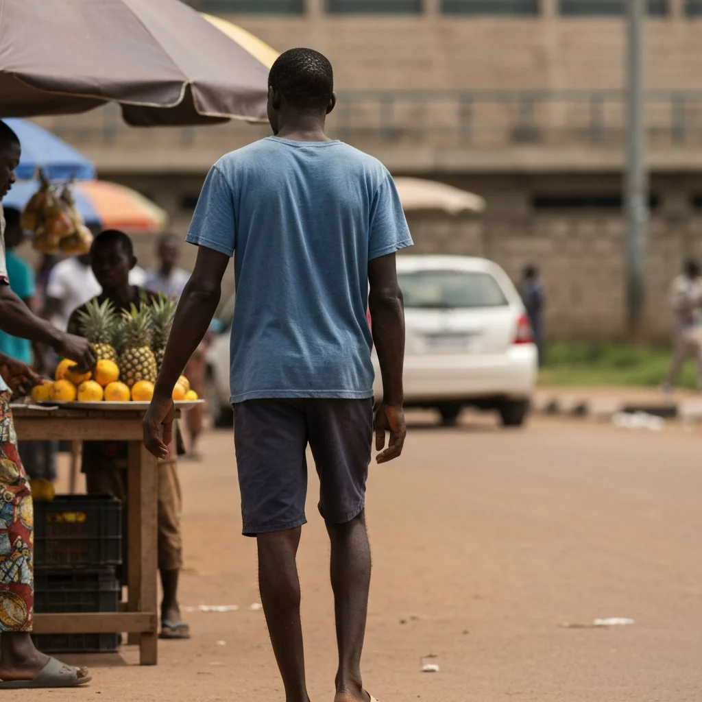 Man walks past fruit stand in Nigeria.