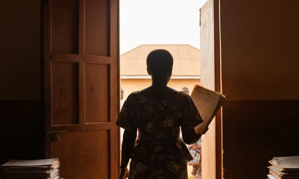 Woman at population commission office.