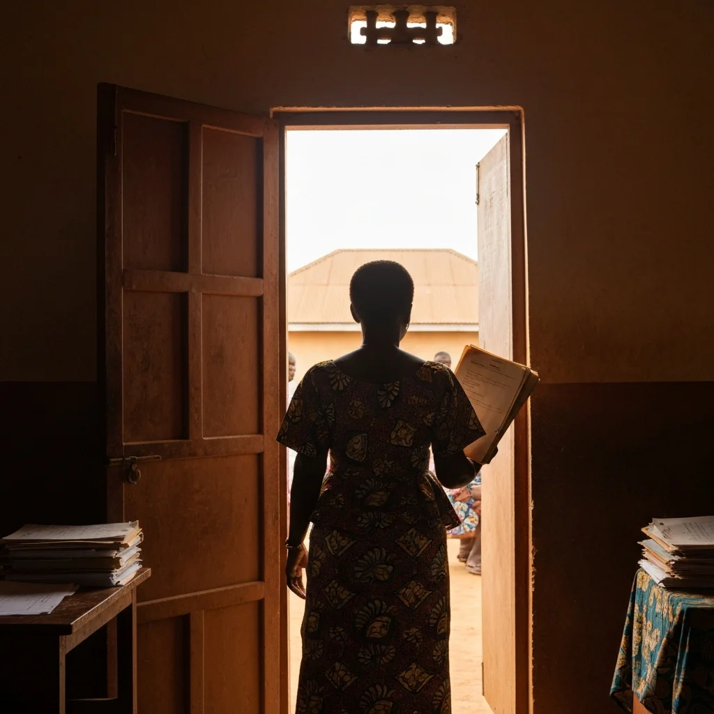 Woman at population commission office.