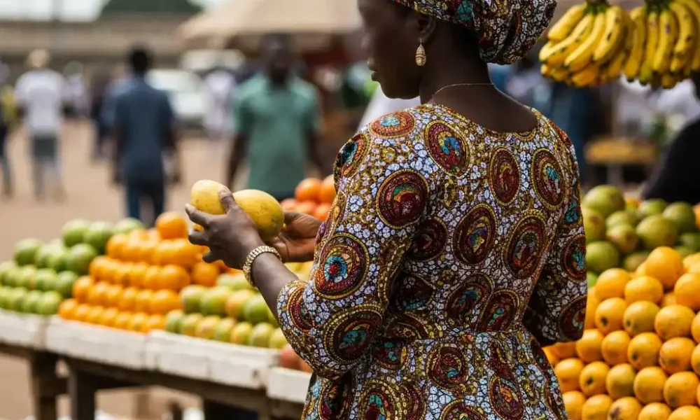 Woman looks at fruit stand in a market.