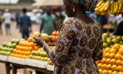 Woman looks at fruit stand in a market.