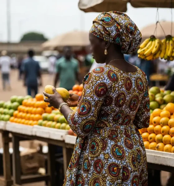 Woman looks at fruit stand in a market.