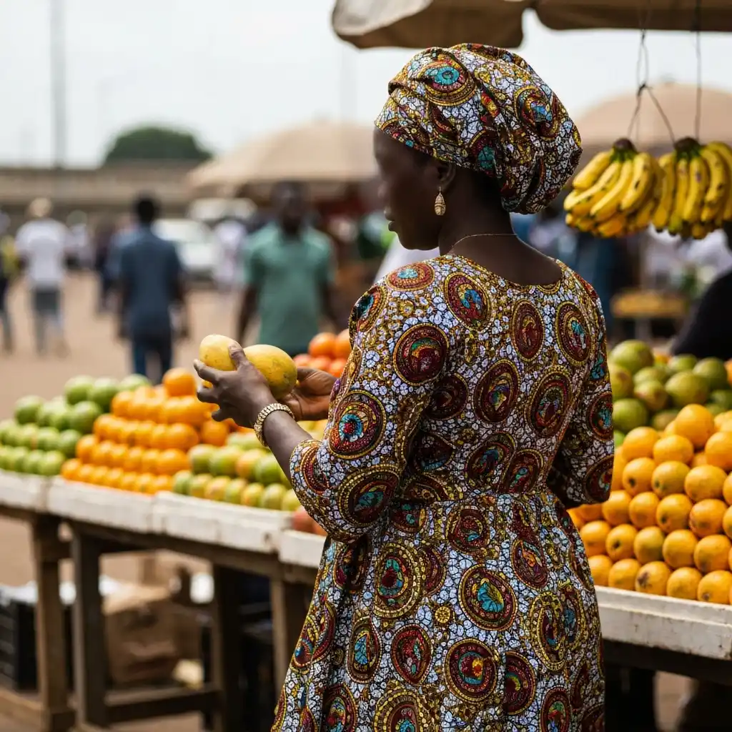 Woman looks at fruit stand in a market.