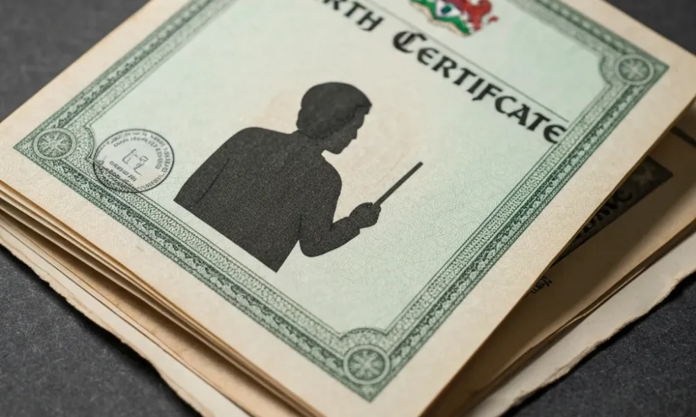 Nigerian birth certificate booklet, partially opened.