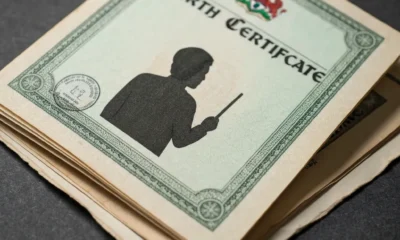 Nigerian birth certificate booklet, partially opened.