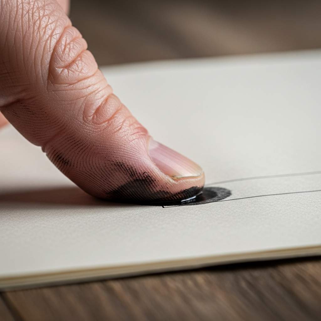Macro shot ink-covered thumb pressing onto a paper document