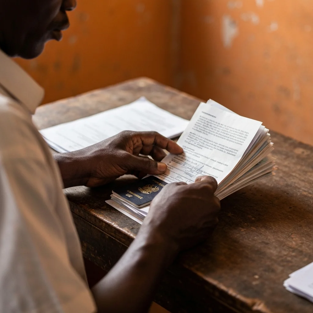Hands arrange papers.