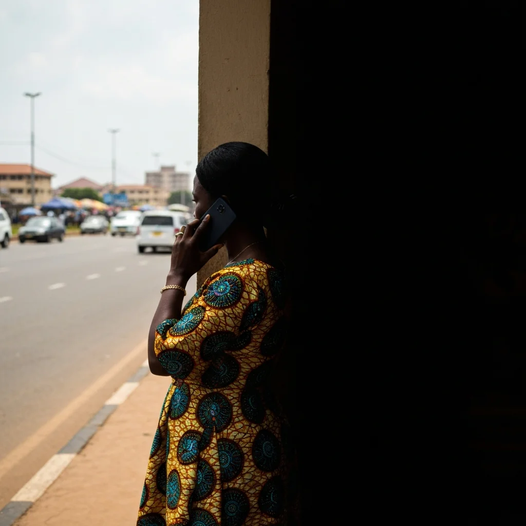 Person at roadside holds phone.