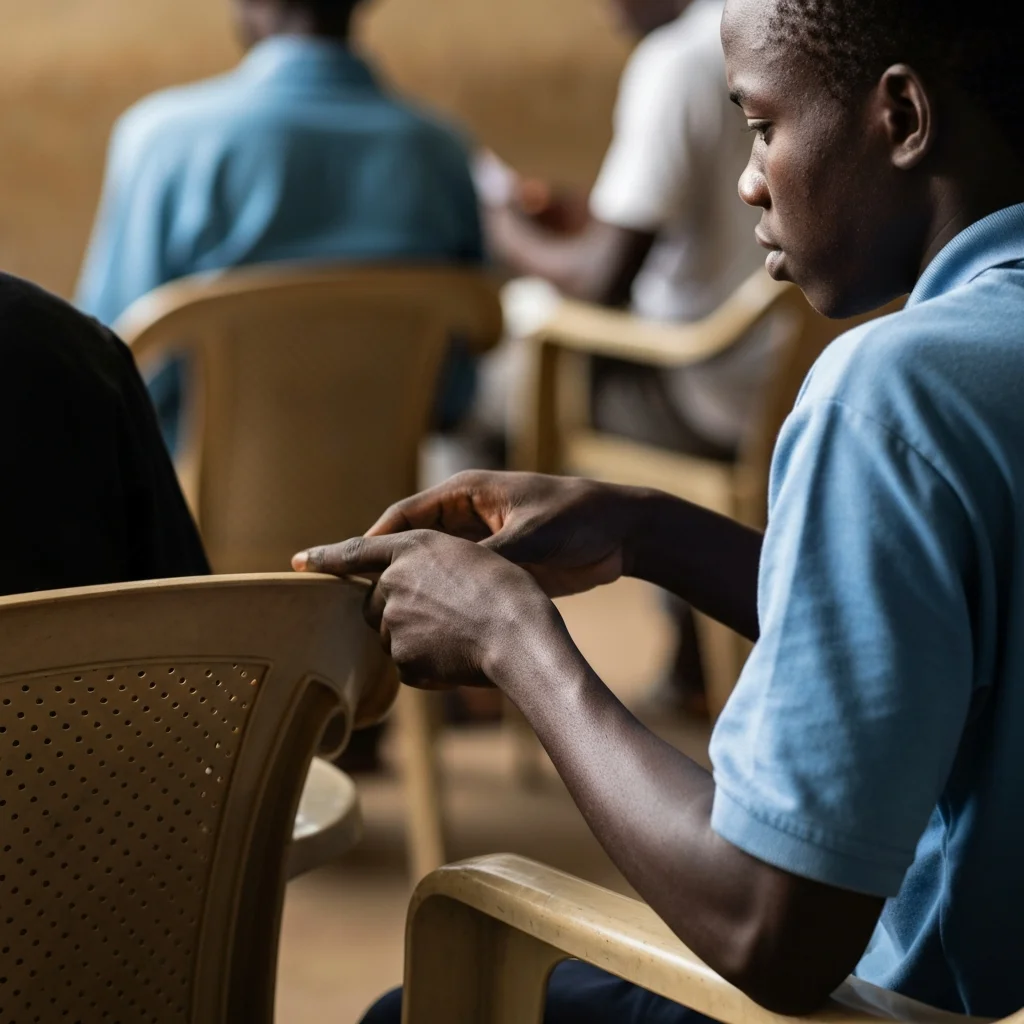 Man's hands tap on chair.