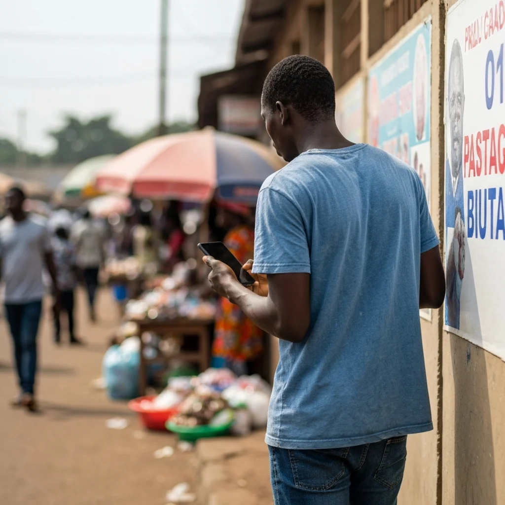 Man with phone faces wall in Lagos market.