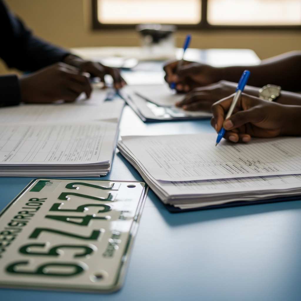 A focused official in a cream-colored uniform attaching a fresh embossed Nigerian private number plate to the rear of a clean silver SUV